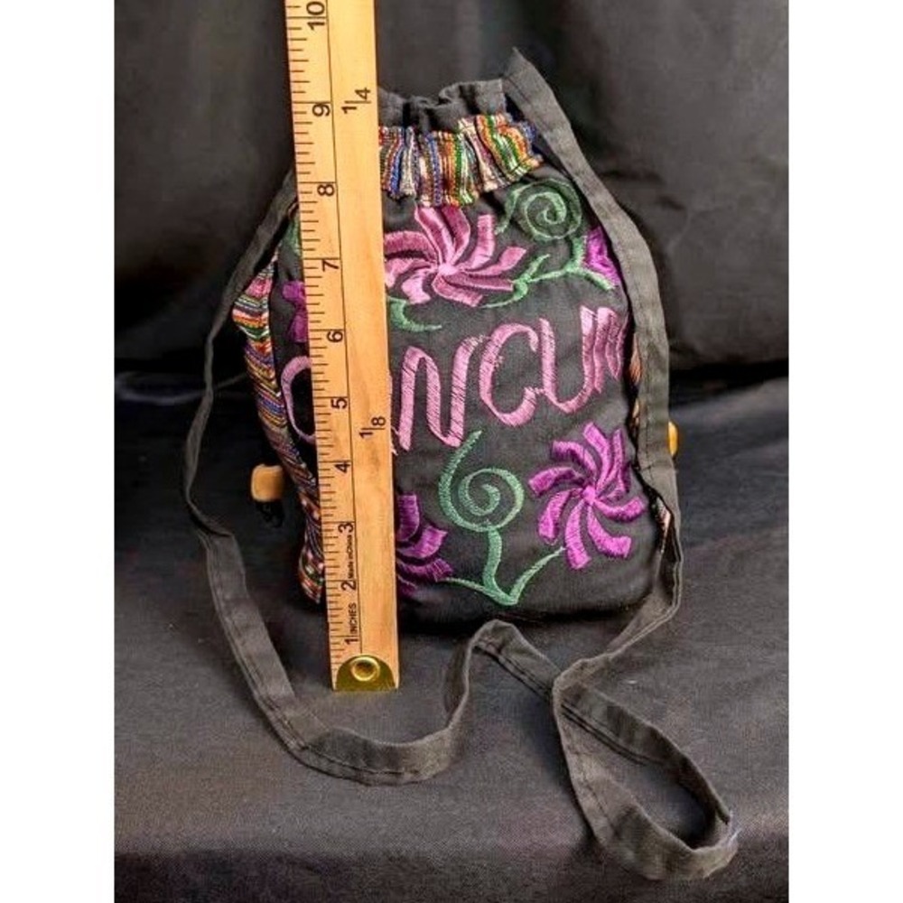 Vintage Cancun Mexico Embroidered Drawstring Bucket Bag Boho Artisanal Souvenir - Picture 3 of 15